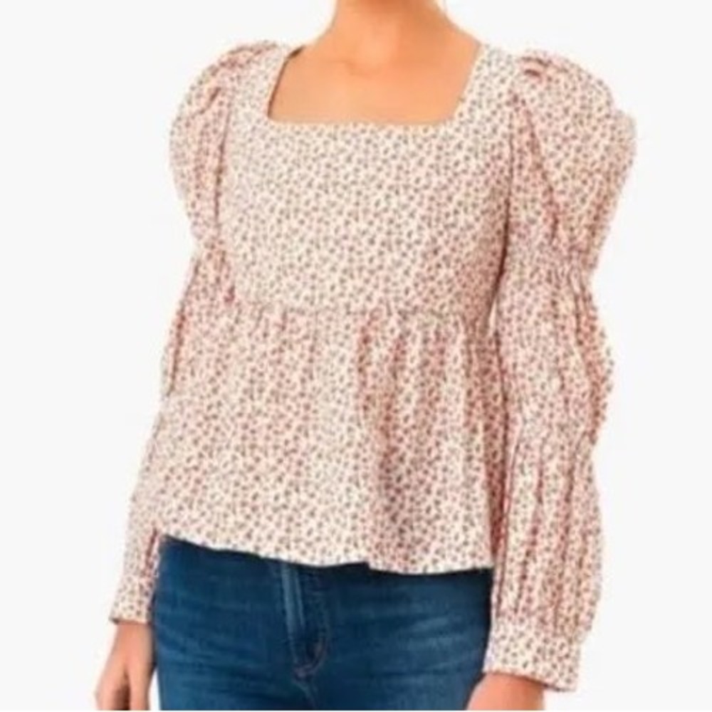 New! HYACINTH HOUSE Red Floral Cottagecore Romantic Peplum Puff Sleeve Top SMALL